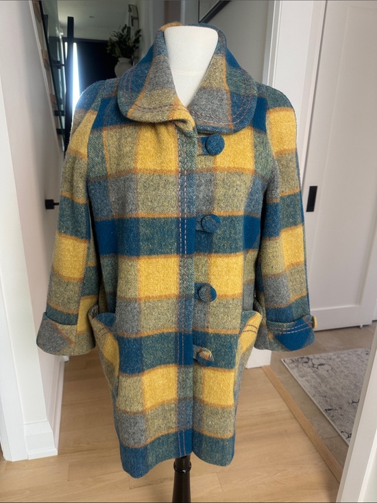 Vintage Jackets & Blazers - Vintage Wool Plaid Coat Oversized Blue Yellow Statement Jacket M